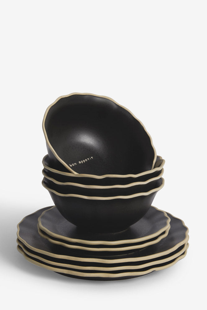 12 Piece Black & Off-White Edge Bon Apetit Dinner Set
