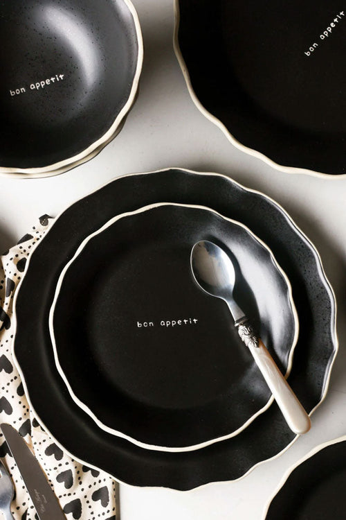 12 Piece Black & Off-White Edge Bon Apetit Dinner Set