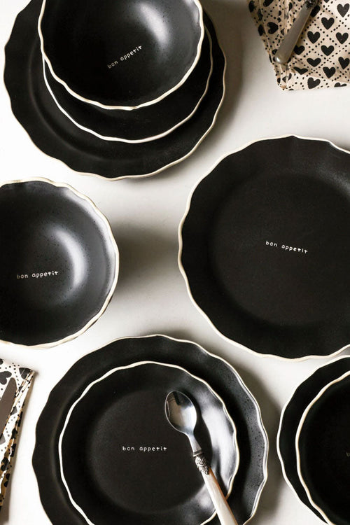 12 Piece Black & Off-White Edge Bon Apetit Dinner Set