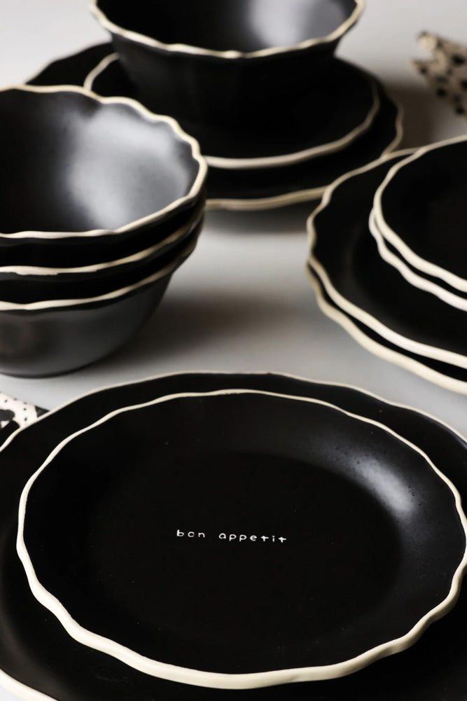 12 Piece Black & Off-White Edge Bon Apetit Dinner Set