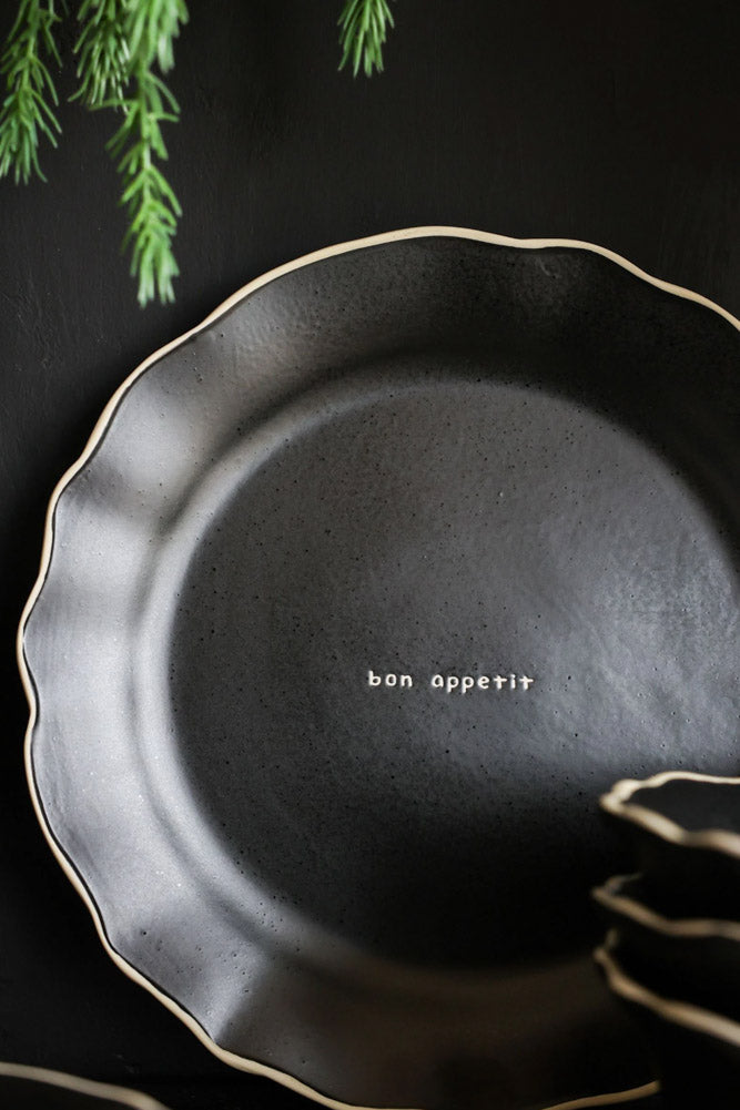 12 Piece Black & Off-White Edge Bon Apetit Dinner Set