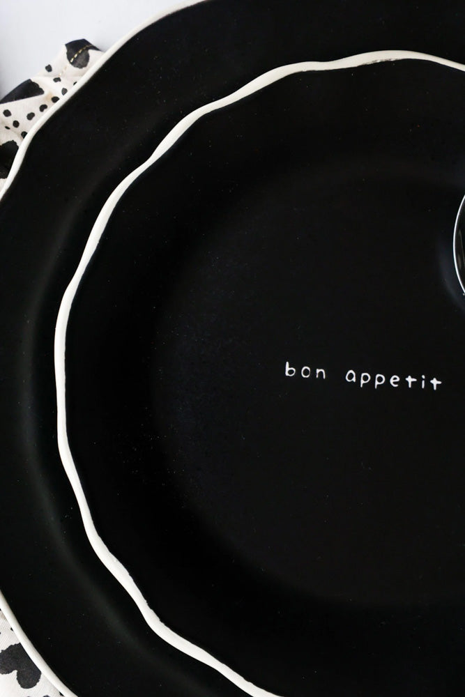 12 Piece Black & Off-White Edge Bon Apetit Dinner Set
