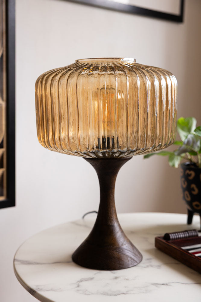 Amber Glass & Wooden Base Table Lamp