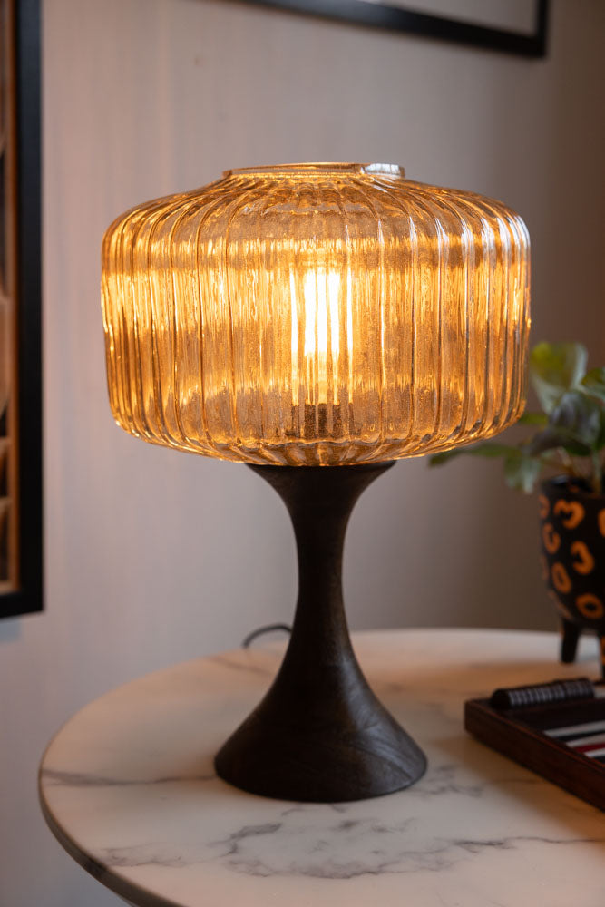 Amber Glass & Wooden Base Table Lamp