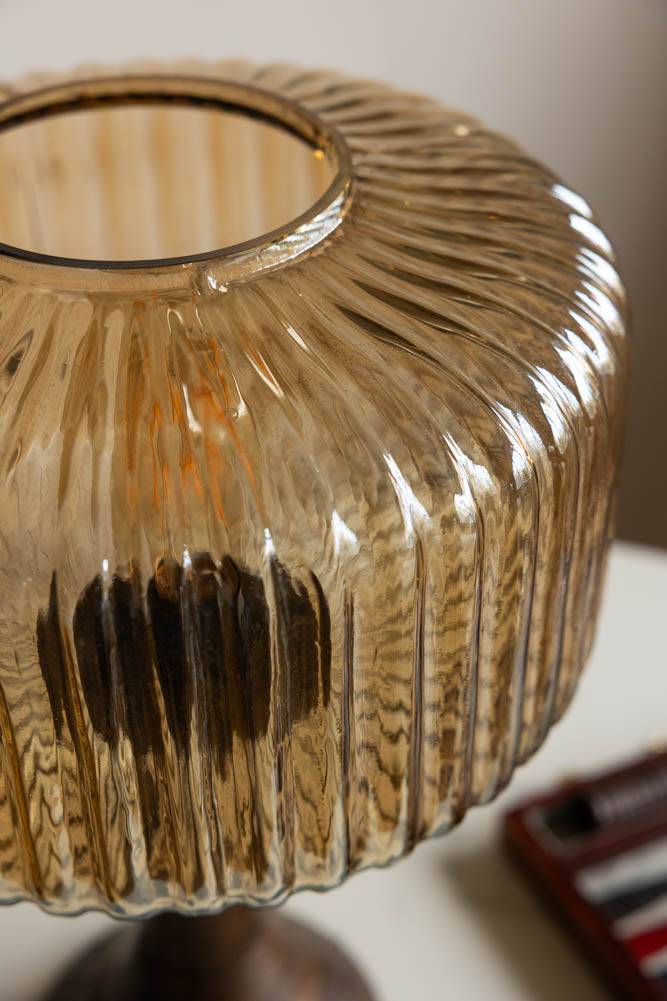 Amber Glass & Wooden Base Table Lamp