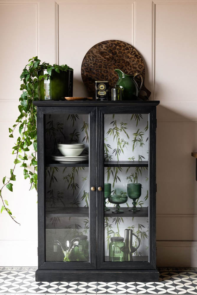 Black Display Cabinet with Bamboo Print Lining