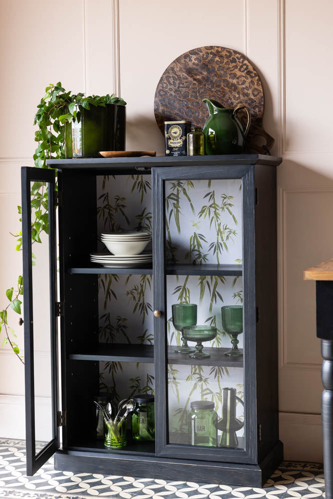 Black Display Cabinet with Bamboo Print Lining