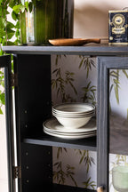 Black Display Cabinet with Bamboo Print Lining