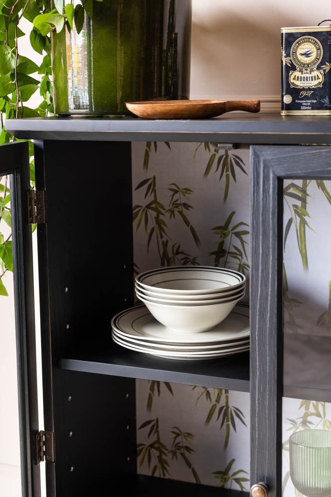Black Display Cabinet with Bamboo Print Lining