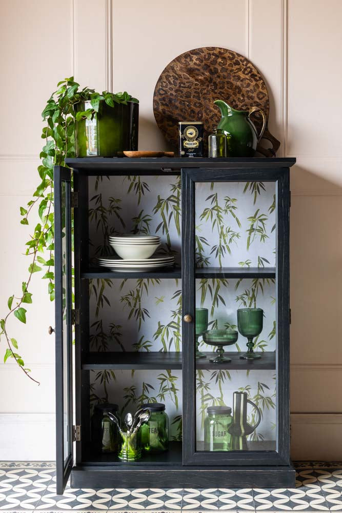 Black Display Cabinet with Bamboo Print Lining