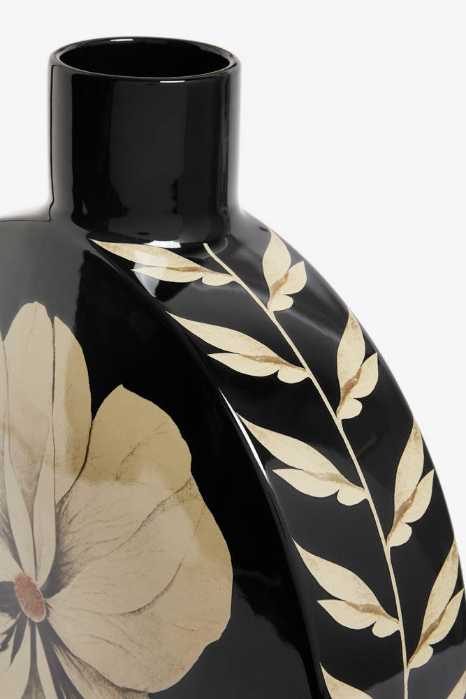 Black & Cream Floral Vase