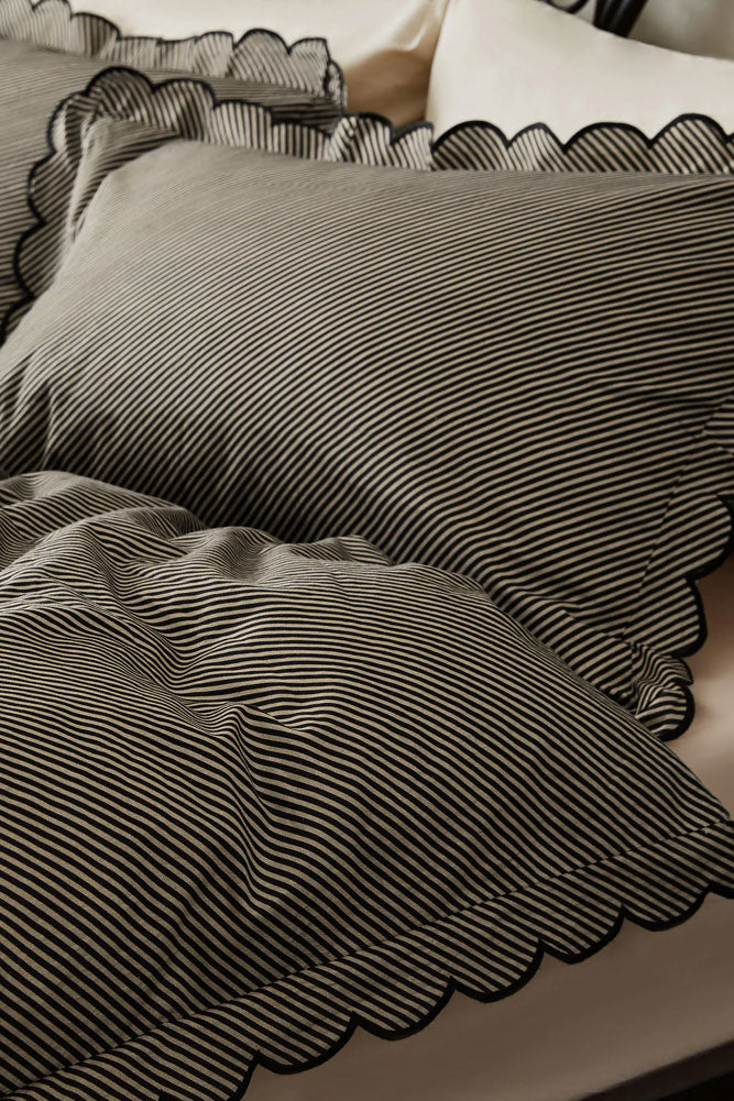 Black Pencil Stripe Scalloped Edge Bedding Set - Available in 4 Sizes