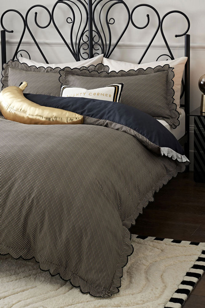 Black Pencil Stripe Scalloped Edge Bedding Set - Available in 4 Sizes