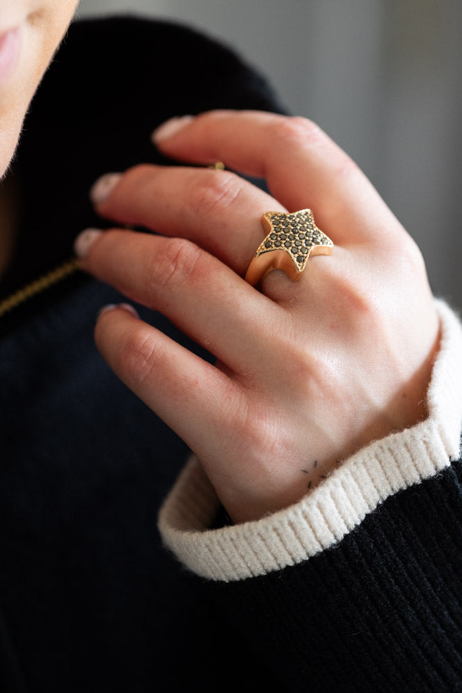 Black & Gold Studded Star Ring - Available in Two Sizes