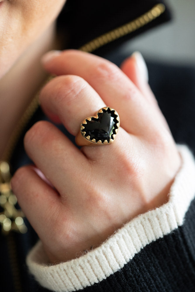 Chunky Gold & Black Heart Ring - Available In Two Sizes