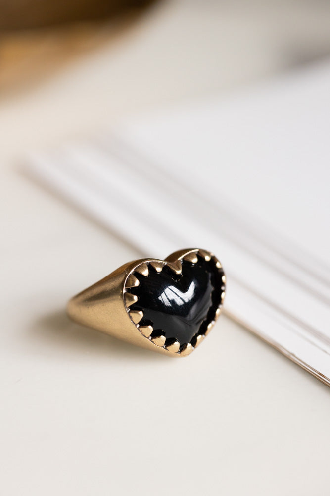 Chunky Gold & Black Heart Ring - Available In Two Sizes