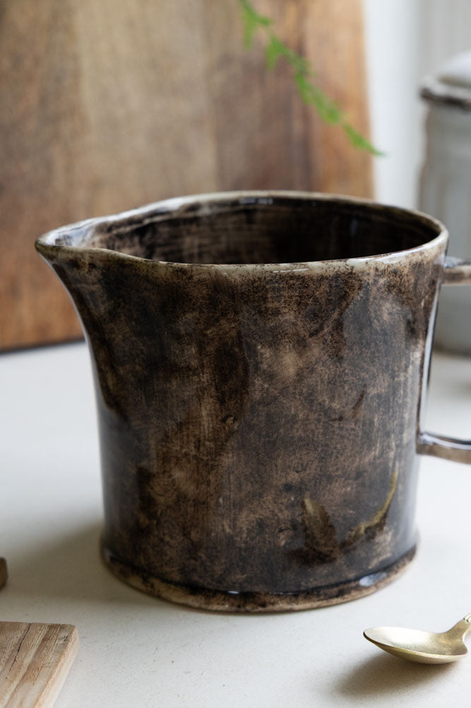 Glazed Mottled Black & Brown Stoneware Jug