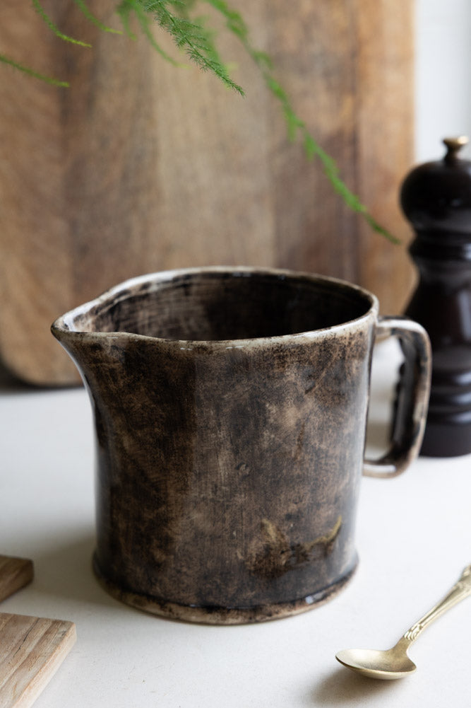 Glazed Mottled Black & Brown Stoneware Jug
