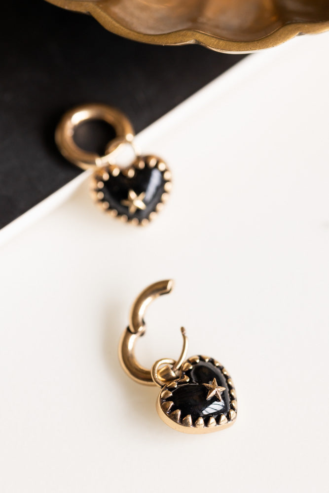 Gold & Black Heart Huggie Hoop Earrings