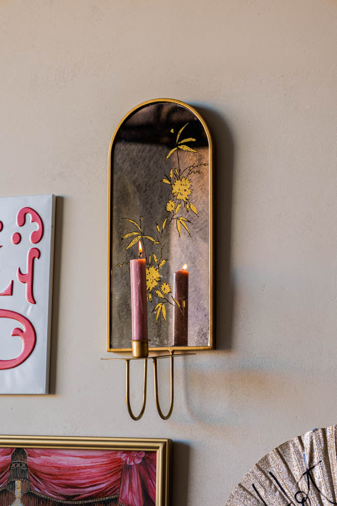 Gold & Foxed Mirror Floral Candle Wall Sconce