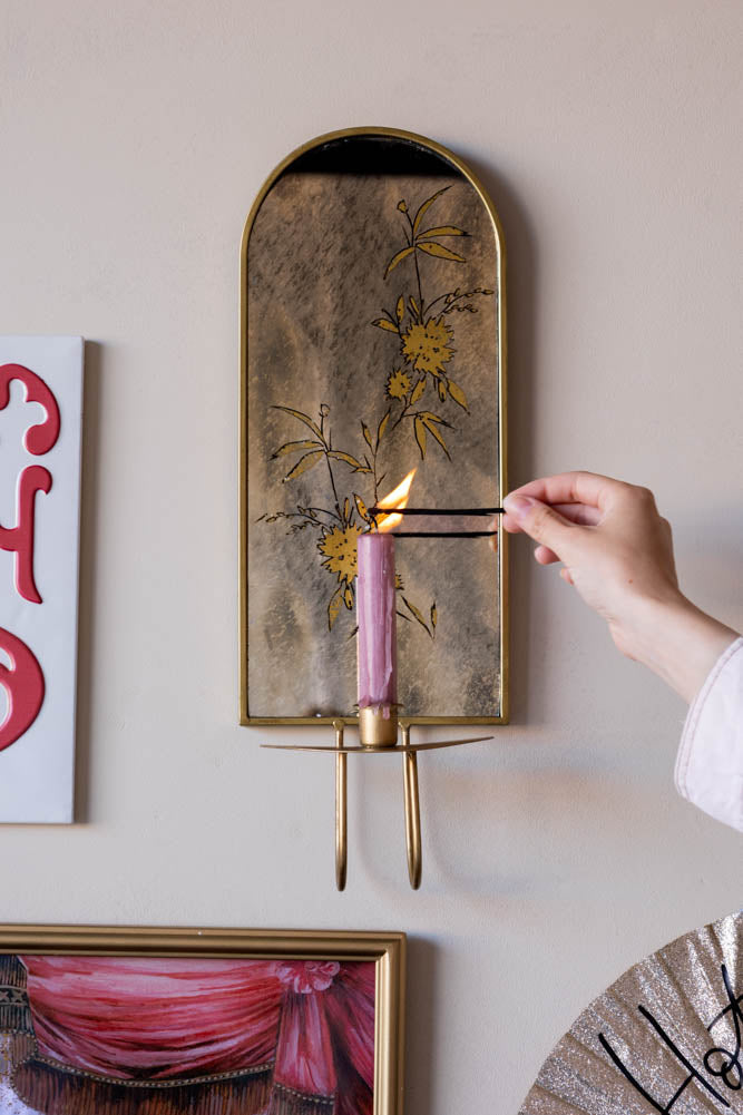 Gold & Foxed Mirror Floral Candle Wall Sconce