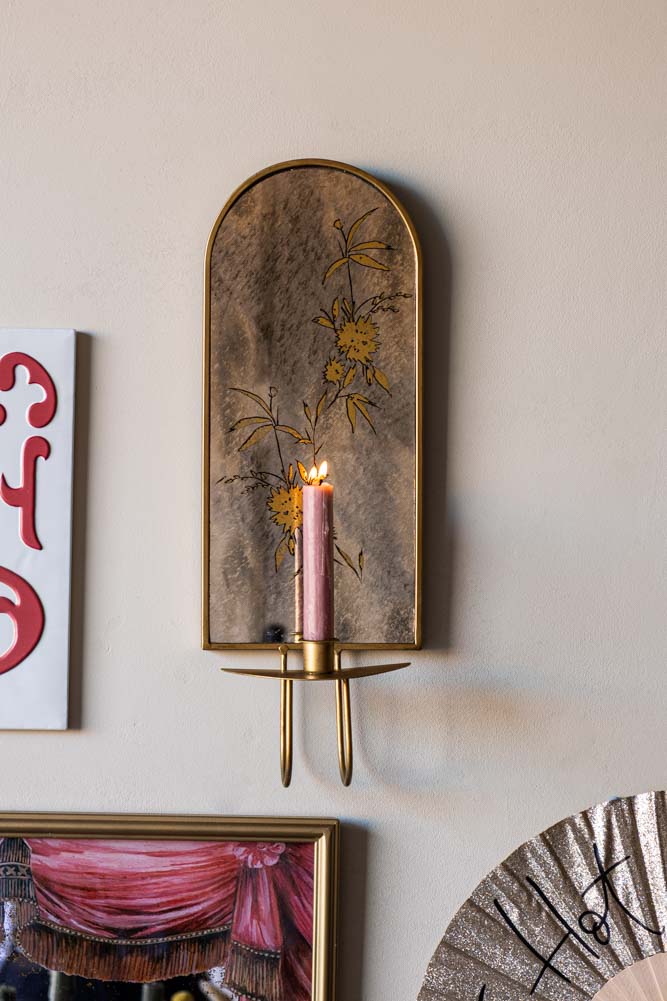 Gold & Foxed Mirror Floral Candle Wall Sconce