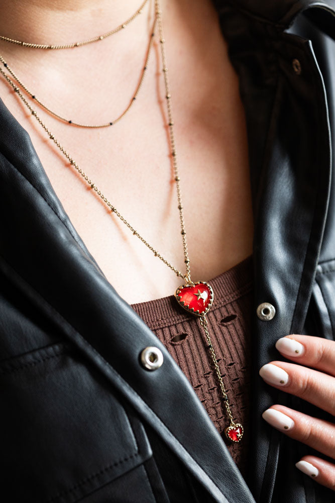 Gold & Red Heart & Star Layered Chain Necklace