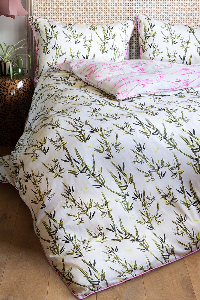 Green & Pink Bamboo Print Reversible Duvet Cover and Pillow Case Set - Available in 4 Sizes