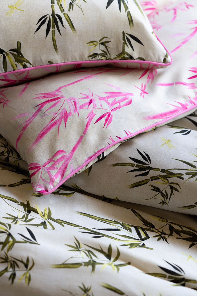 Green & Pink Bamboo Print Reversible Duvet Cover and Pillow Case Set - Available in 4 Sizes