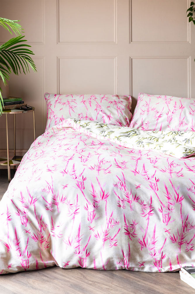 Green & Pink Bamboo Print Reversible Duvet Cover and Pillow Case Set - Available in 4 Sizes