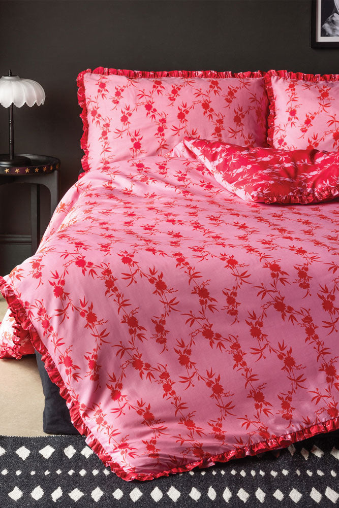 Hot Pink Floral Frill Duvet Cover and Pillow Case Set - Available in 4 Sizes