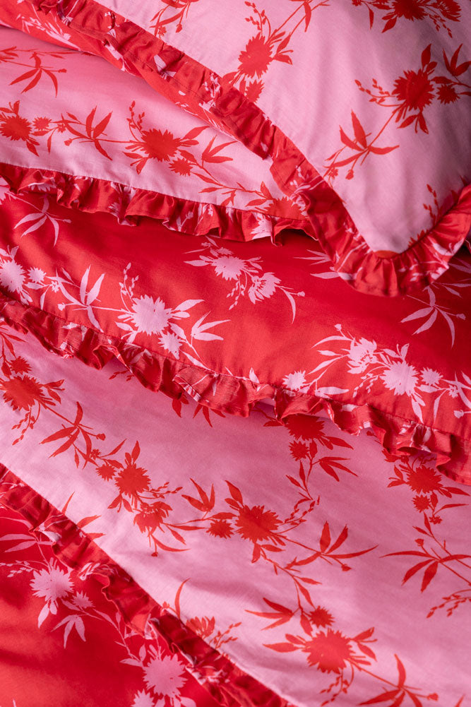 Hot Pink Floral Frill Duvet Cover and Pillow Case Set - Available in 4 Sizes