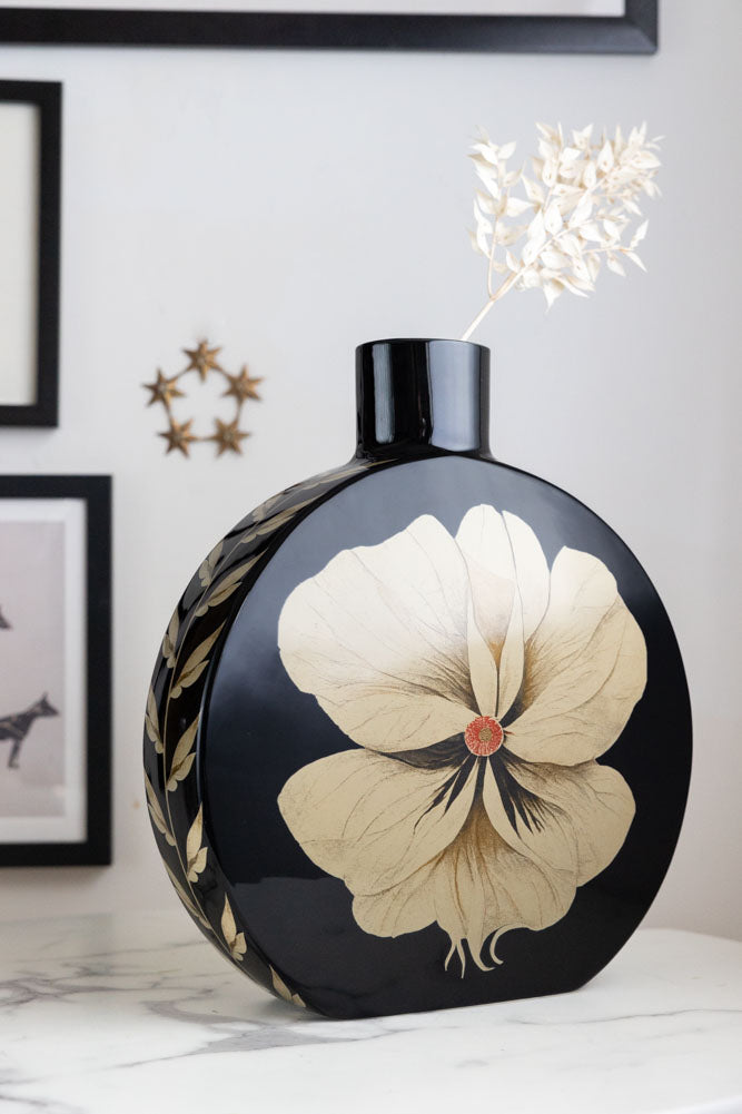 Black & Cream Floral Vase