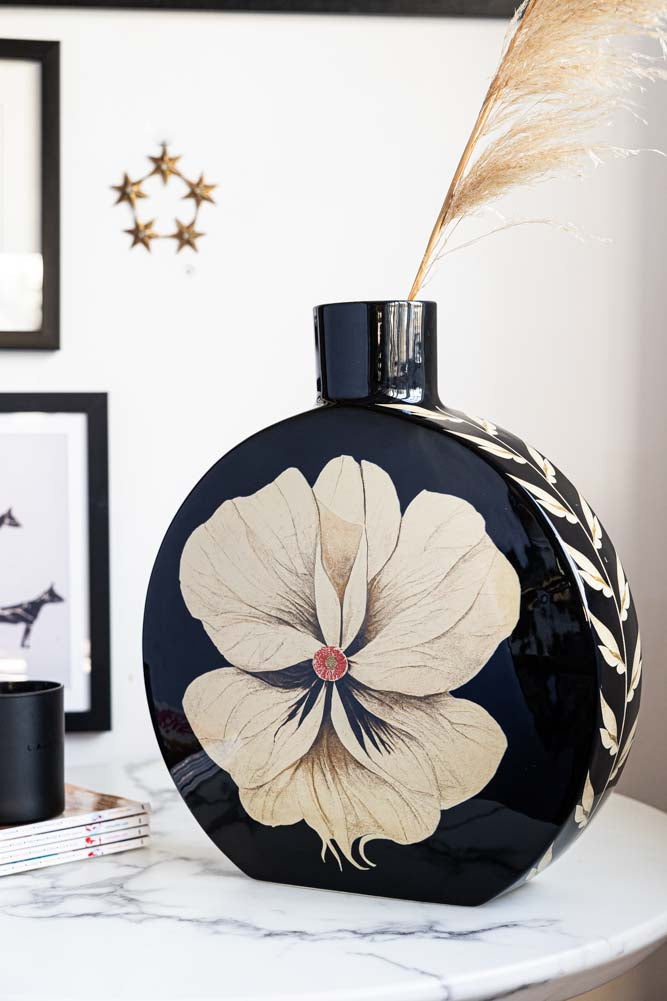 Black & Cream Floral Vase