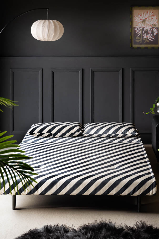 Mabel Large 2 Seater Sofa Bed in Studio Stripe Velvet Sand & Black