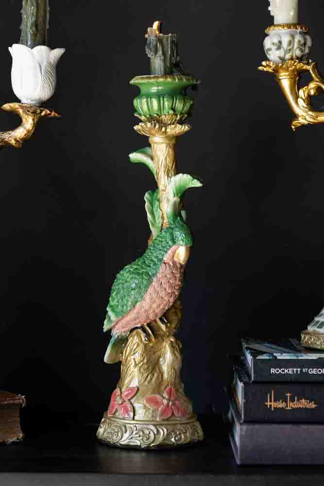 Bougeoir perroquet orné doré et vert