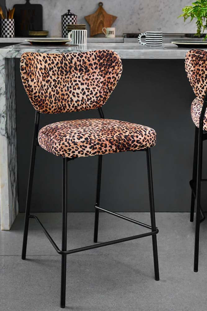 Lot de 2 tabourets de bar en velours imprimé léopard