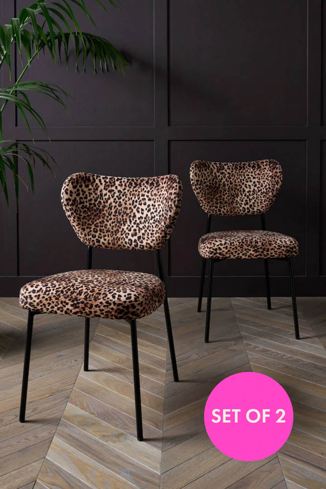 Set Of 2 Dining Chairs In Leopard Print Velvet