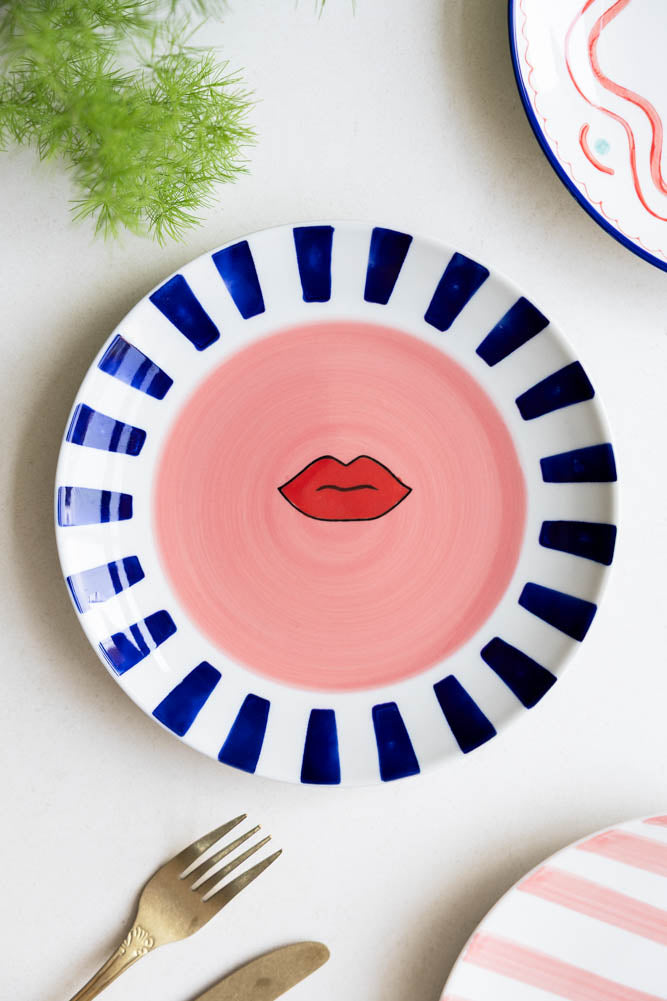 Striped Border & Lips Ceramic Serving Plate