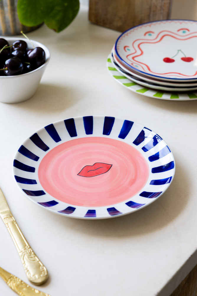 Striped Border & Lips Ceramic Serving Plate