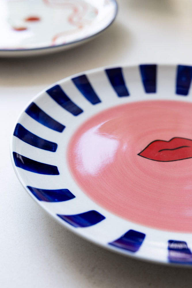 Striped Border & Lips Ceramic Serving Plate