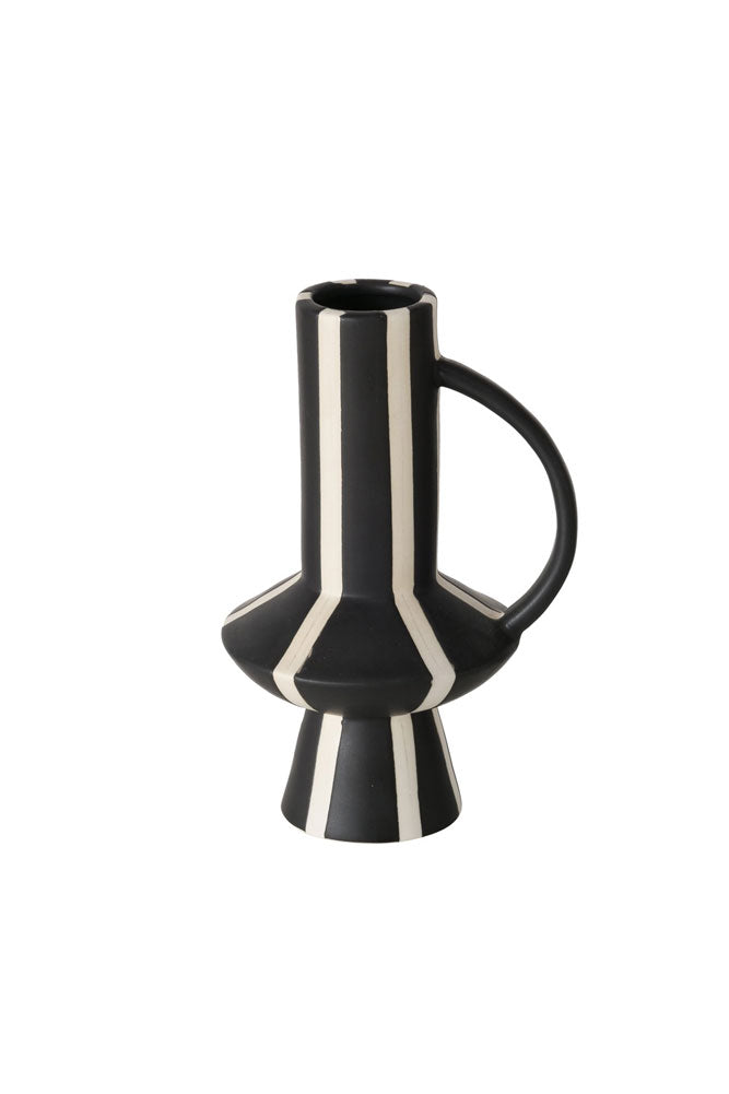 Tall Striped Black & White Vase With Handle