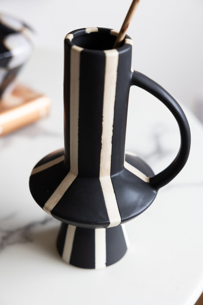 Tall Striped Black & White Vase With Handle