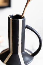 Tall Striped Black & White Vase With Handle