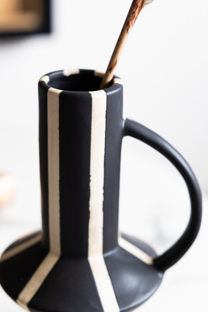 Tall Striped Black & White Vase With Handle