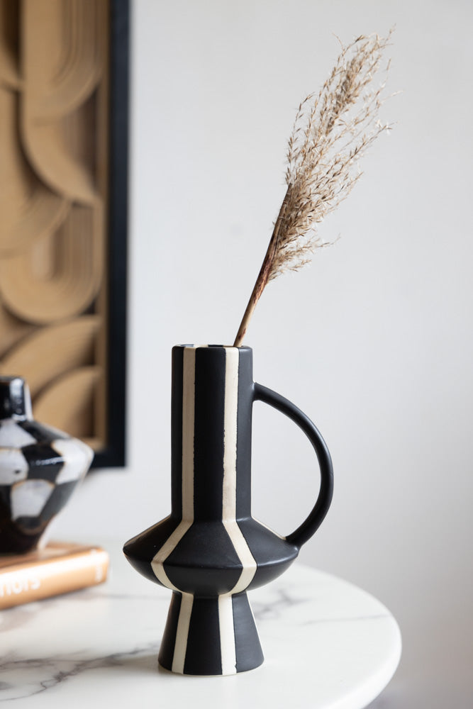 Tall Striped Black & White Vase With Handle