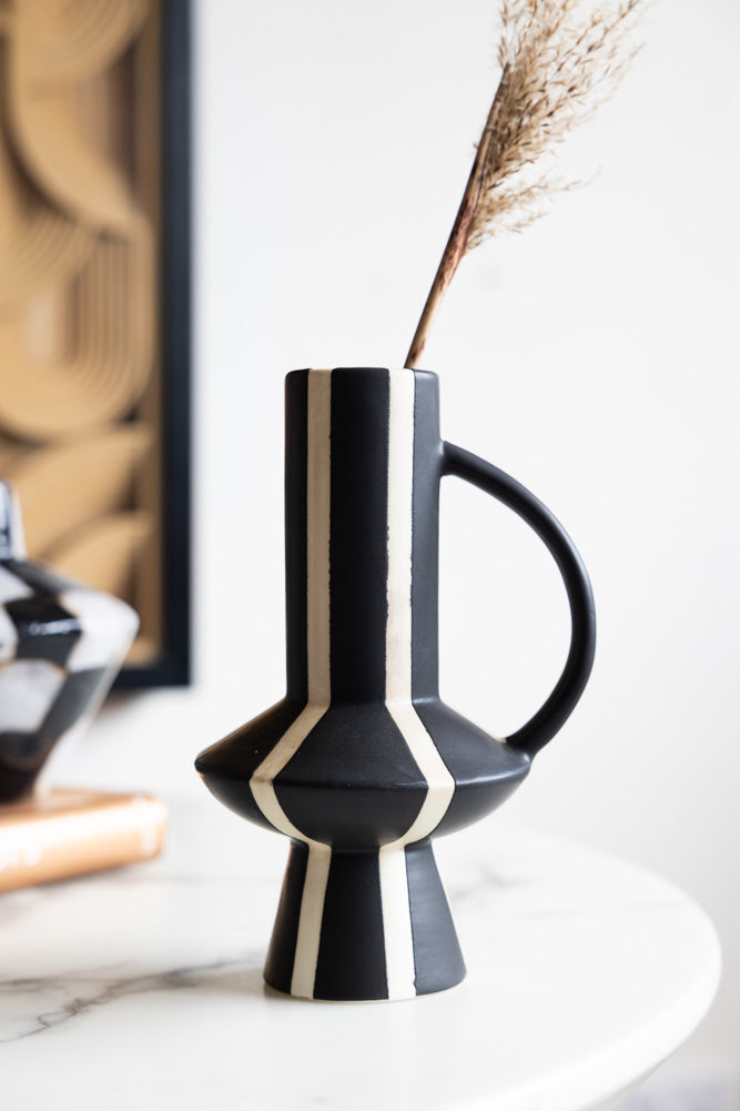 Tall Striped Black & White Vase With Handle
