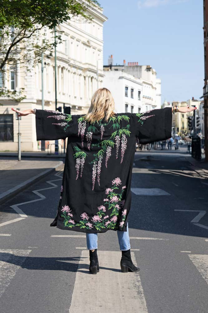 Wisteria & Chrysanthemums Black Kimono - Available in 2 Lengths
