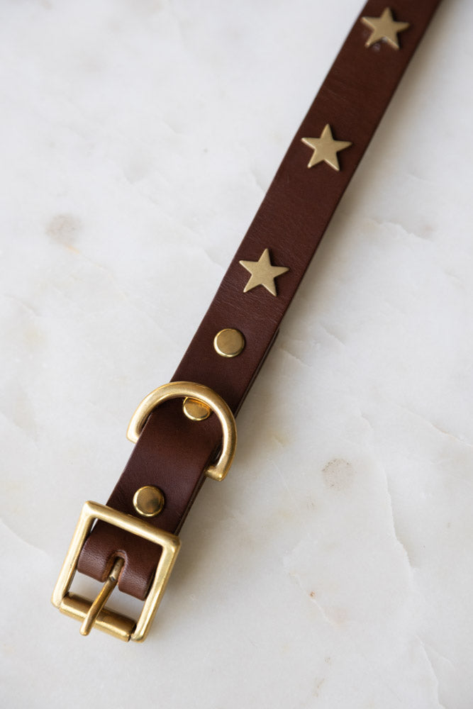 Brown Leather Dog Collar With Stars - SAMPLE