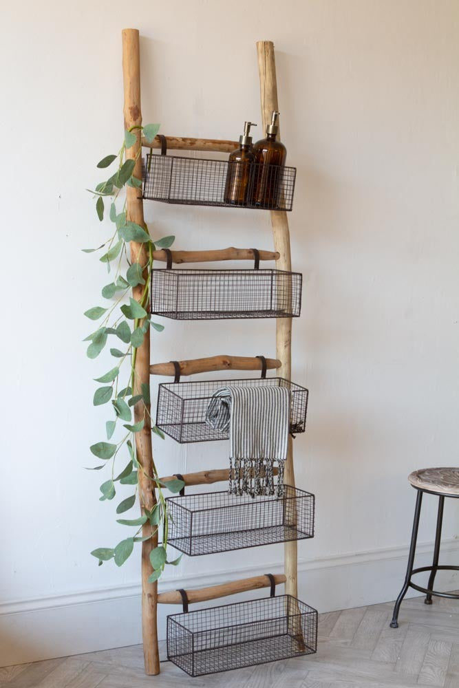 Wooden Ladder with 5 Basket Shelves